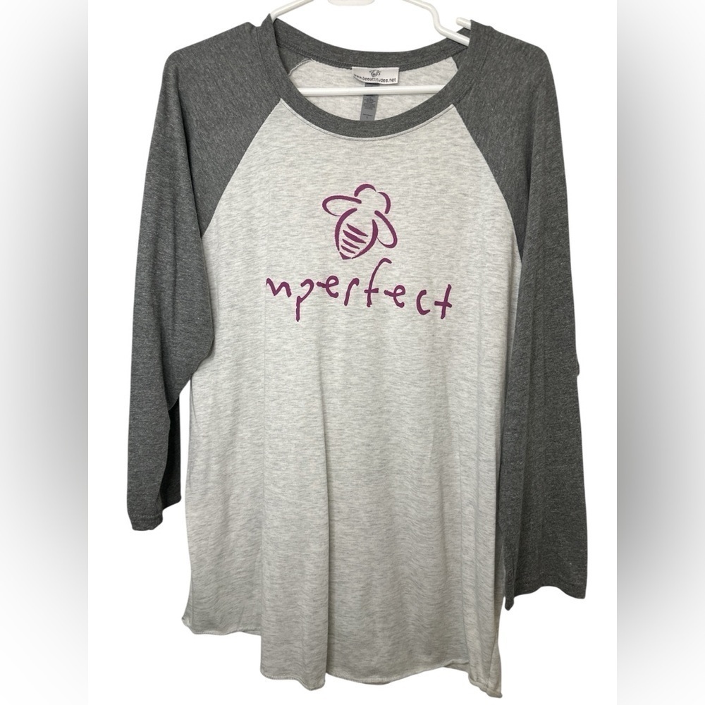 Bee Attitudes Imperfect Graphic Gray Baseball Style Tee Shirt NWOT
